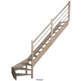 escalier hêtre + poteau bois + rampe à lisses métal