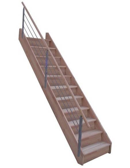 Escalera recta de haya con barandilla de largueros metálicos