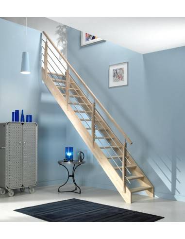 Escalier droit hêtre + rampe poteaux bois lisses alu