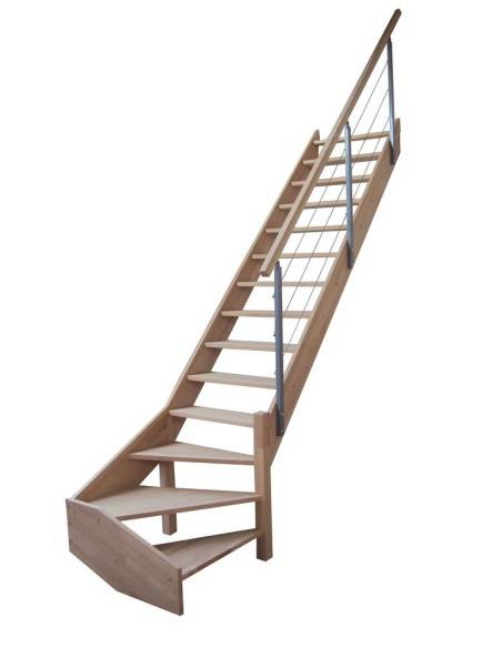 Escalier quart tournant hêtre + rampe à cables