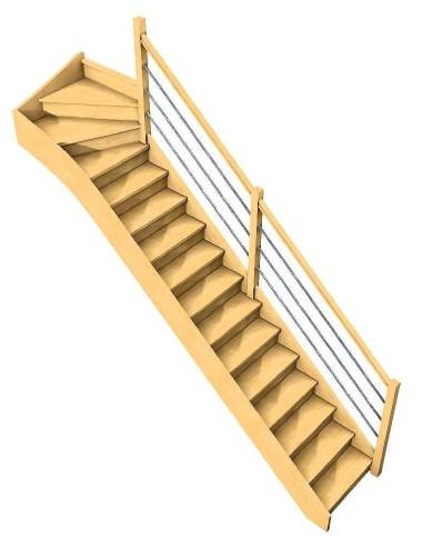 Escalier Bavat Sapin + rampe poteaux bois + Lisses métal