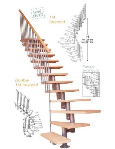 Escalier modulable 1/4 tournant hêtre
