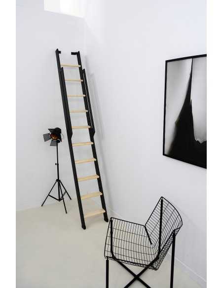 BLACK LADDER BEECH TREADS + METAL HANDRAIL AND STRINGER 10 STEPS