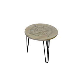 Ronde houten salontafel met zwart metalen onderstel