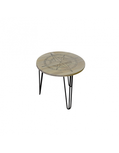 Round low wood table with black metal leg