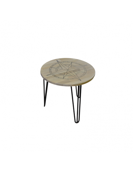 Ronde houten salontafel met zwart metalen onderstel