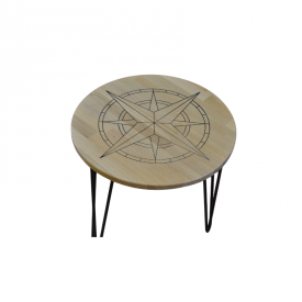 Ronde houten salontafel met zwart metalen onderstel 2