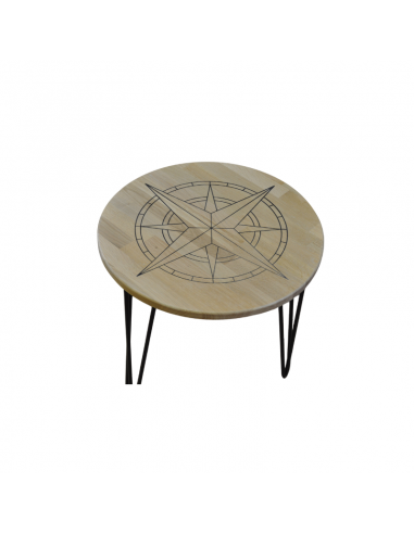 Ronde houten salontafel met zwart metalen onderstel