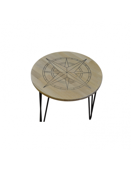 Runder Couchtisch aus Holz mit schwarzem Metallgestell