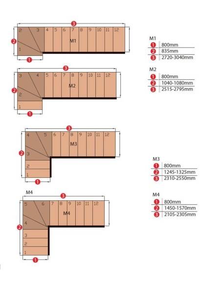 Escalera modular de 1/4 de vuelta en haya